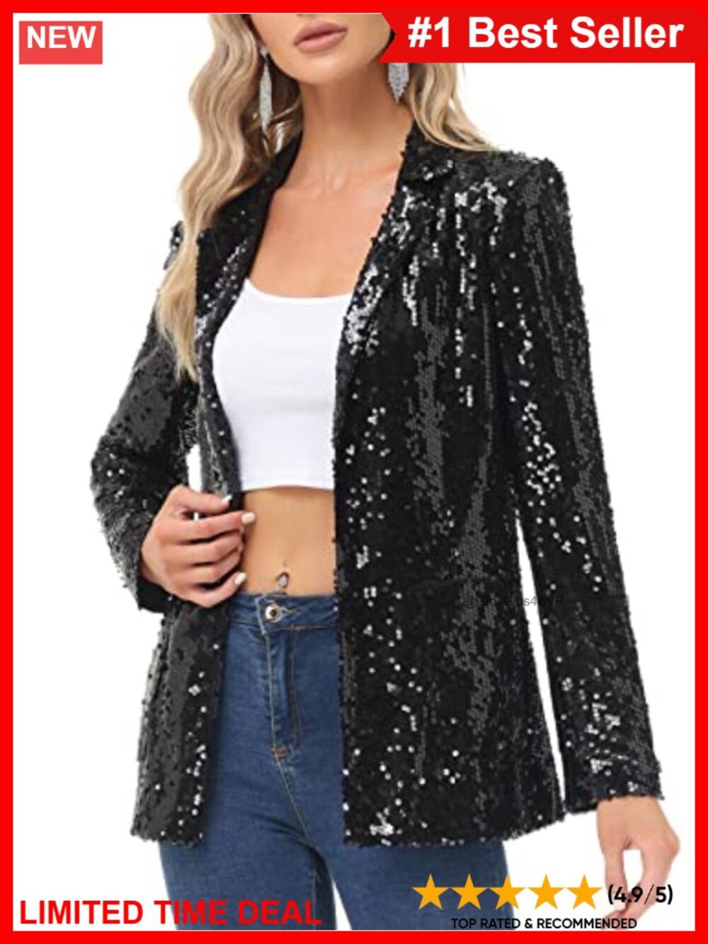 Women's Sequin Blazer Jacket Open Front Long Sleeve Sparkly Coat with Pockets